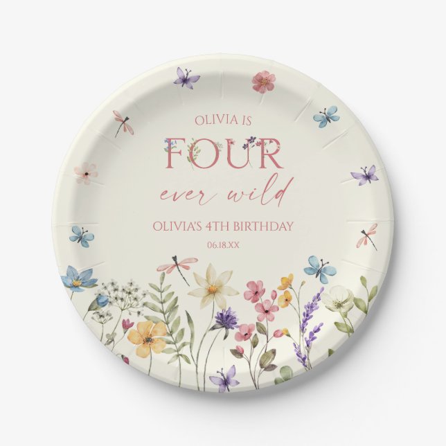 Assiettes En Carton Four Ever Wild Wildflower 4th Birthday Party (Devant)