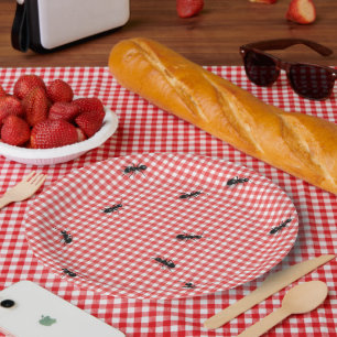 Assiettes En Carton Fourmis noires sur vichy rouge et blanc