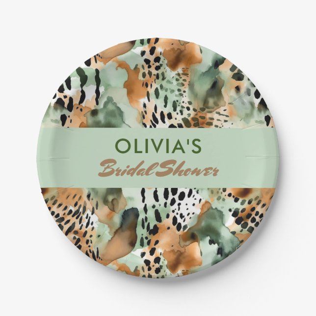 Assiettes En Carton Fourrure Motif Safari Animaux Sage Vert Beige (Devant)