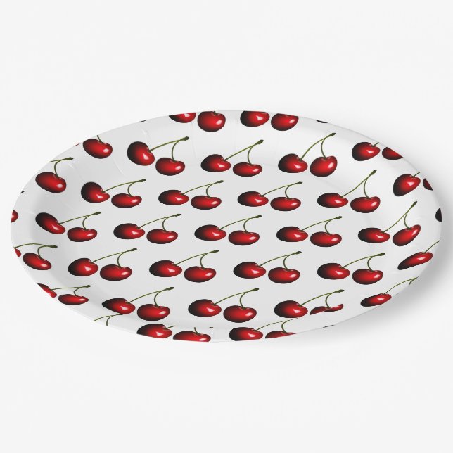 Assiettes En Carton Fraîches cerises rouges sucrées (Angle)