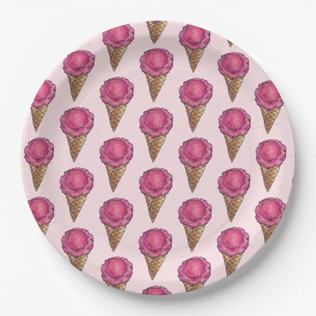 Assiettes En Carton Fraise Crème de glace rose Scoop Waffle Cone Footy (Devant)