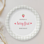 Assiettes En Carton Fraise d'aquarelle Berry Premier anniversaire<br><div class="desc">Plaques de papier de première fête de fille personnalisées avec script à la main moderne "berry first" avec fraises d'aquarelle et modèle de chèque de buffle.</div>