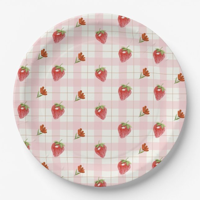 Assiettes En Carton Fraise rose Berry Sweet En vichy Parti (Devant)