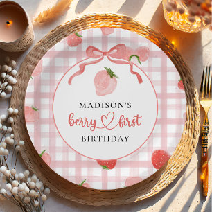 Assiettes En Carton Fraise rose En vichy 1er anniversaire