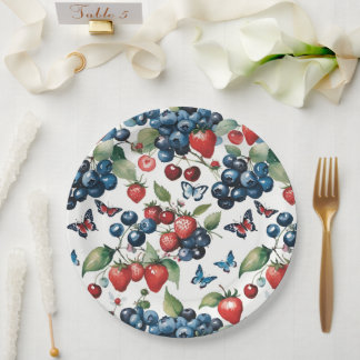 Assiettes En Carton Fraises aux bleuets et papillons