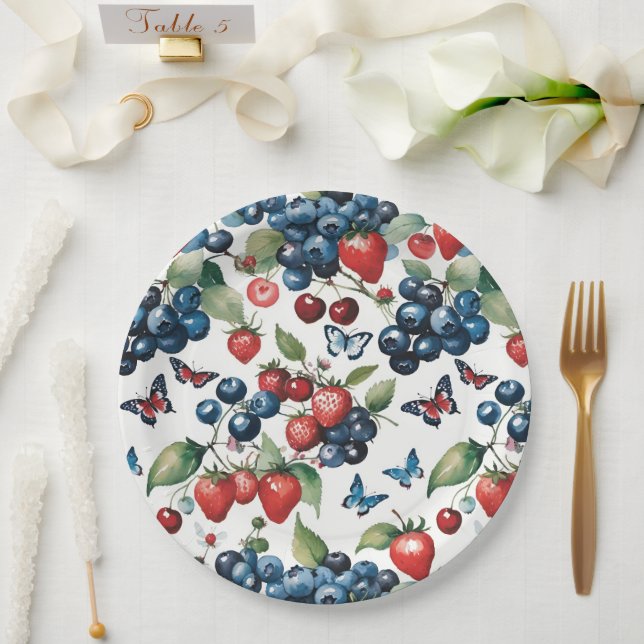 Assiettes En Carton Fraises aux bleuets et papillons (Mariage)