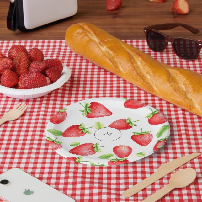 Assiettes En Carton Fraises d'aquarelle moderne été monogrammé (Pique-nique)