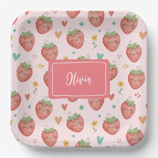 Assiettes En Carton Fraises Kawaii Mignonnes (Recto)