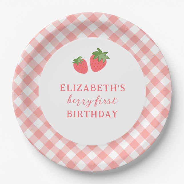 Assiettes En Carton Fraises premier gingham rose (Devant)