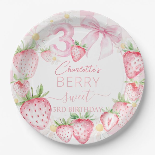 Assiettes En Carton Fraises rose mignonne Berry Sweet 3e anniversaire (Devant)