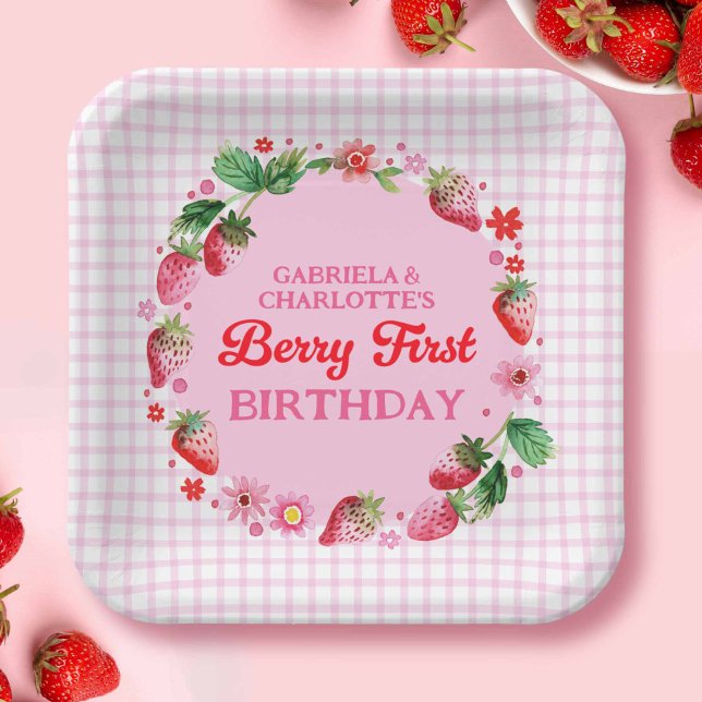 Assiettes En Carton Fraises Twin Sisters Joint Berry 1er Anniversaire (Strawberries Twin Sisters Joint Berry 1st Birthday Paper Plates)