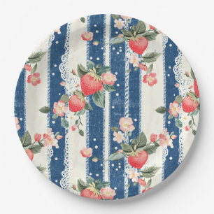 Assiettes En Carton Fraises vintages et fleurs sur bandes bleues (2)