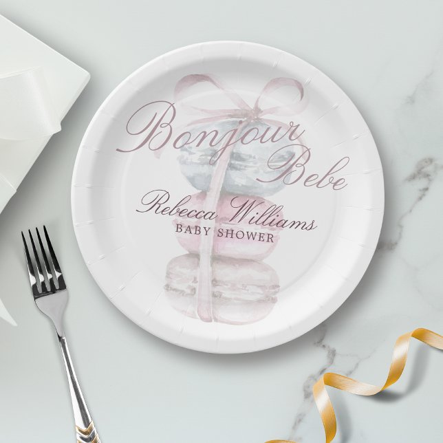 Assiettes En Carton Français Macaron Bonjour Baby shower Bebe (Créateur téléchargé)