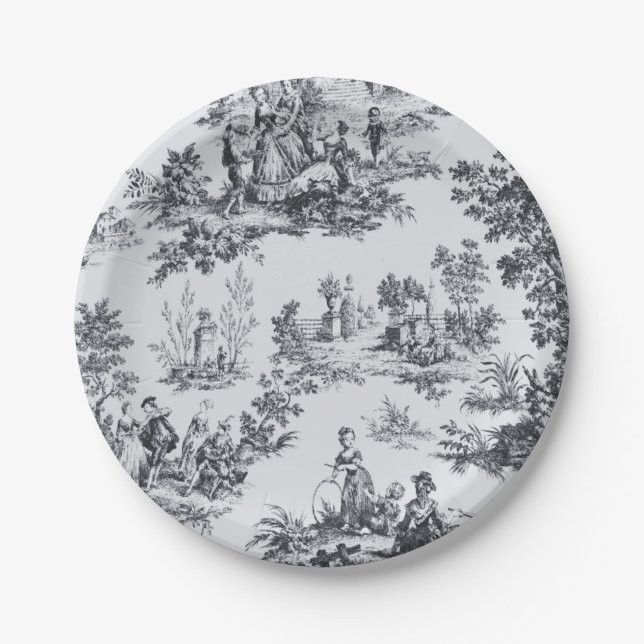 Assiettes En Carton Française toile de jouy noir et blanc élégant (Devant)