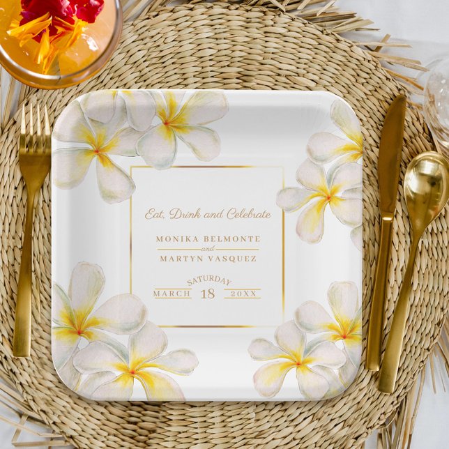Assiettes En Carton Frangipani or blanc mariage tropical (Créateur téléchargé)