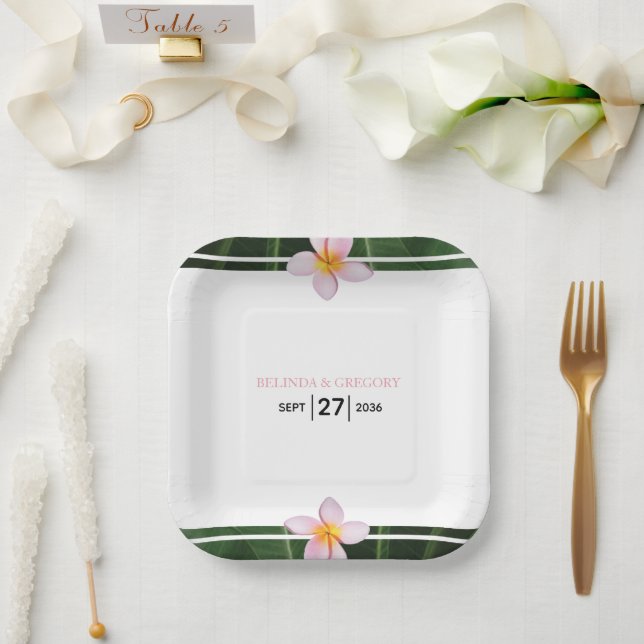 Assiettes En Carton Frangipani rose Plumeria Mariage (Mariage)