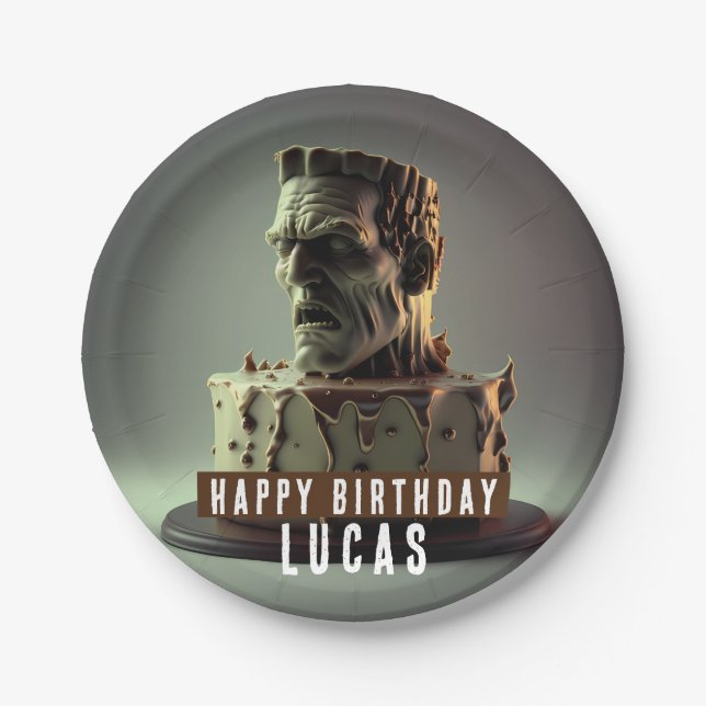 Assiettes En Carton Frankenstein Head Anniversaire Gâteau au chocolat  (Devant)