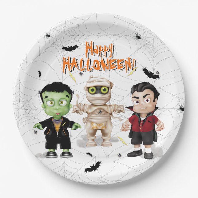 Assiettes En Carton Frankenstein Mummy Dracula Halloween Monster Party (Devant)