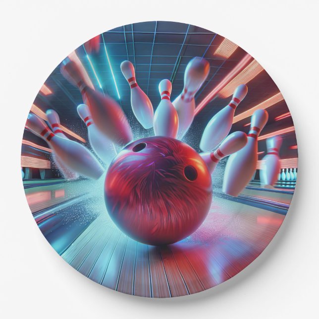 Assiettes En Carton Frappe avec boule de bowling rouge (Devant)