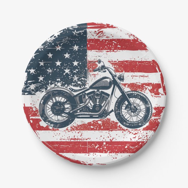 Assiettes En Carton Freedom Ride : Moto rétro et drapeau américain (Devant)