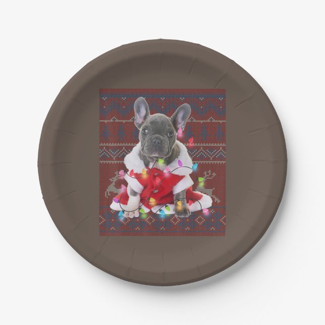 Assiettes En Carton French bulldog Christmas Lights Ugly Sweater Dog (Devant)