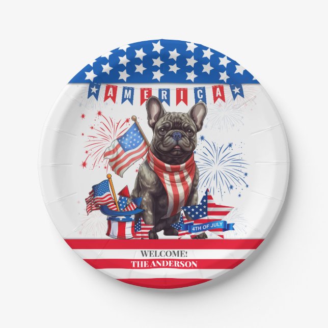 Assiettes En Carton French Bulldog Happy 4 juillet Amérique patriotiqu (Devant)
