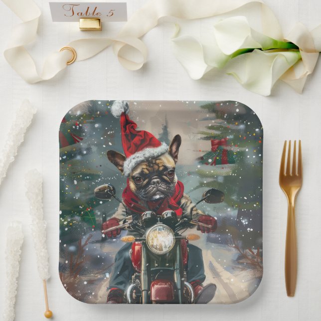 Assiettes En Carton French Bulldog Riding Moto Noël (Mariage)