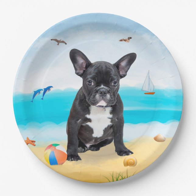 Assiettes En Carton French Bulldog sur la plage (Devant)