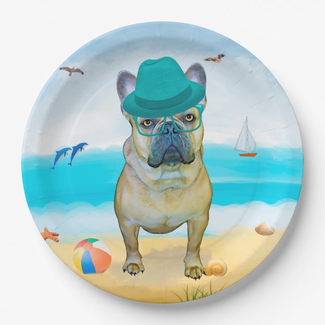 Assiettes En Carton French Bulldog sur la plage (Devant)