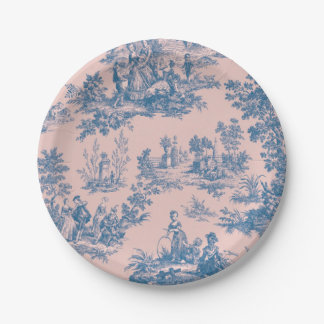 Assiettes En Carton French toile de jouy bleu et rose élégant