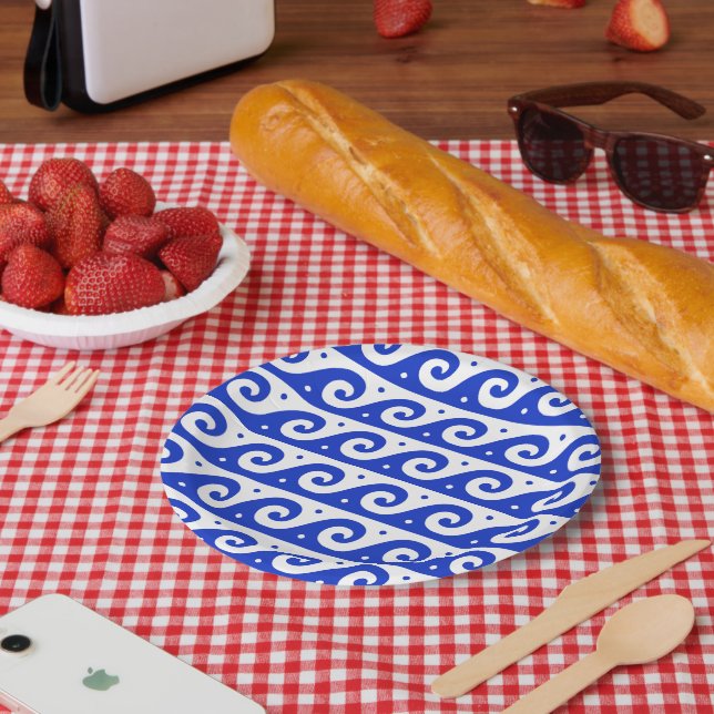 Assiettes En Carton Fret grec, Motif d'onde méditerranéen, Bleu (Pique-nique)