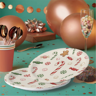 Assiettes En Carton Friandises de Noël et cannes à sucre, fond beige