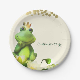 Assiettes En Carton Frog Prince Green & Gold Baby shower Custom Party