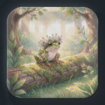 Assiettes En Carton Frog Wearing a Floral Crown In Forest<br><div class="desc">A whimsical frog adorned with a delicate flower crown sits atop a moss-covered log,  bathed in serene sunlight filtering through the trees</div>