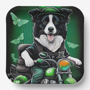 Assiettes En Carton Frontière Collie Chien Conduite Vélo St. Patrick's