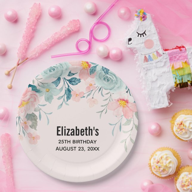 Assiettes En Carton Frontière rose et verte Florale Anniversaire (Fête)