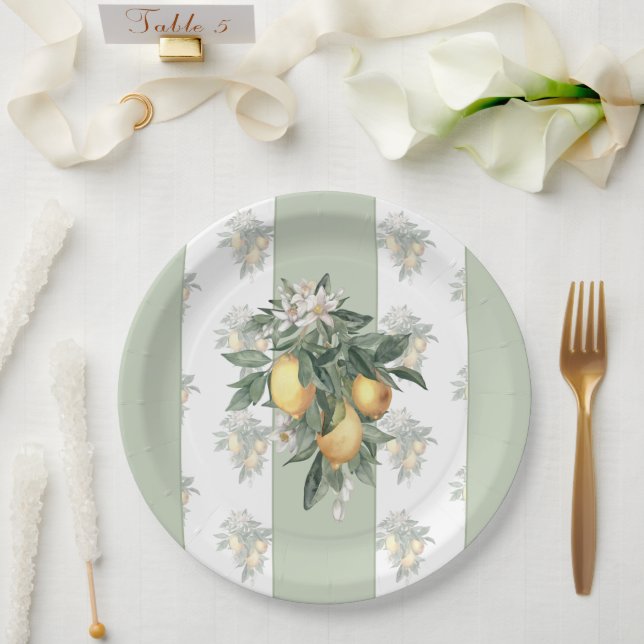 Assiettes En Carton Fruit au citron | Vert et blanc rayé (Mariage)
