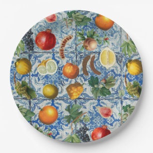 Assiettes En Carton Fruit d'été méditerranéen & Mosaïque Bleue Blanc