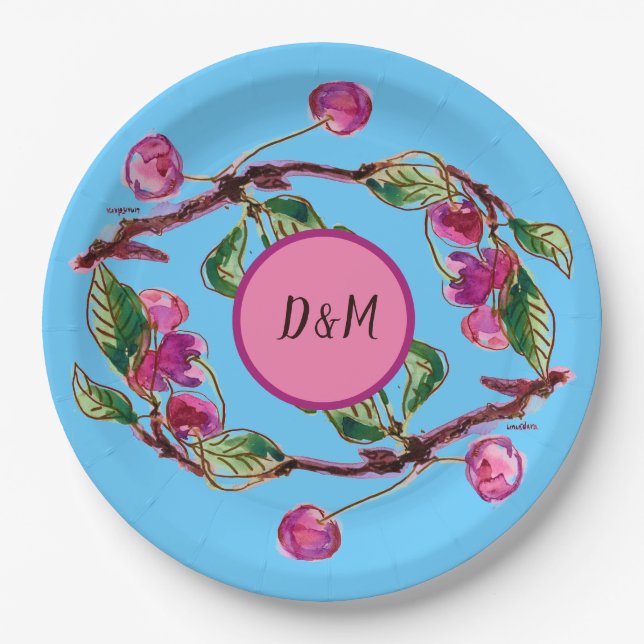 Assiettes En Carton Fruit rose cerise sur Turquoise avec initiales (Devant)