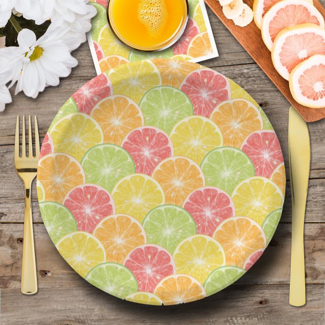Assiettes En Carton Fruits d'agrumes (Citrus fruit slices paper plates, 2 sizes, fun for breakfast, brunch, dessert)