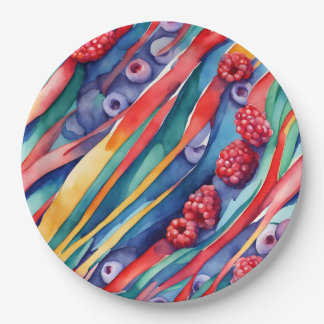 Assiettes En Carton Fruits de baies et rayures colorées fraîches