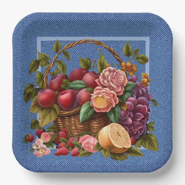 Assiettes En Carton Fruits Et Fleurs De Denim Bleu (Recto)