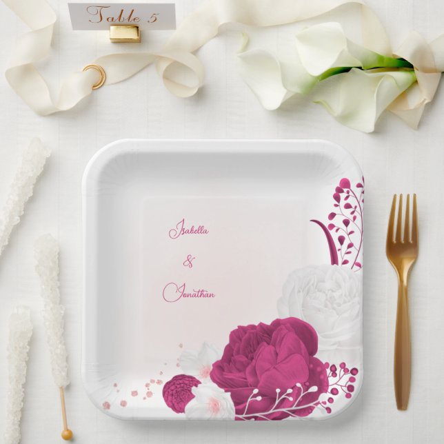 Assiettes En Carton fuchsia & blanc mariage floral (Mariage)