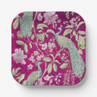 Assiettes En Carton Fuchsia Chinoiserie paon floral