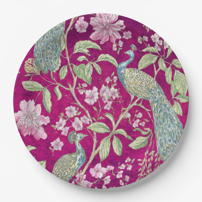 Assiettes En Carton Fuchsia Chinoiserie paon floral (Devant)