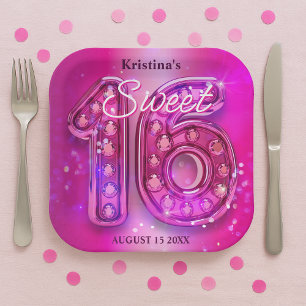 Assiettes En Carton Fuchsia Éblouissant Joyau Sweet Seize Milestone