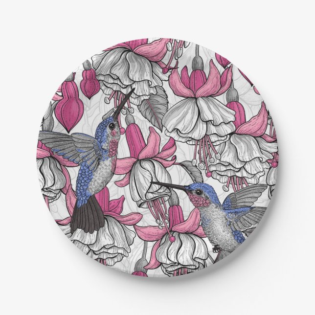 Assiettes En Carton Fuchsia et colibris blancs (Devant)