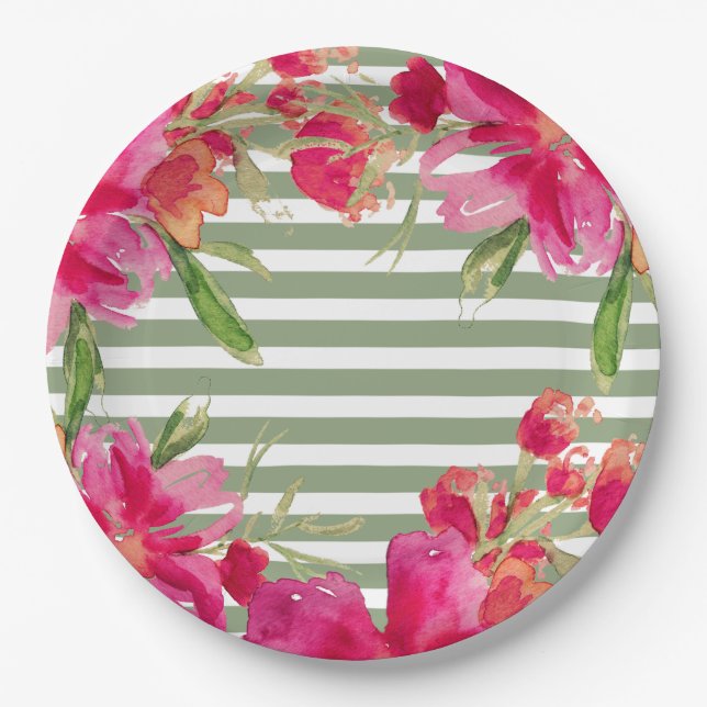 Assiettes En Carton Fuchsia Floral Green Stripes Graduation Party (Devant)