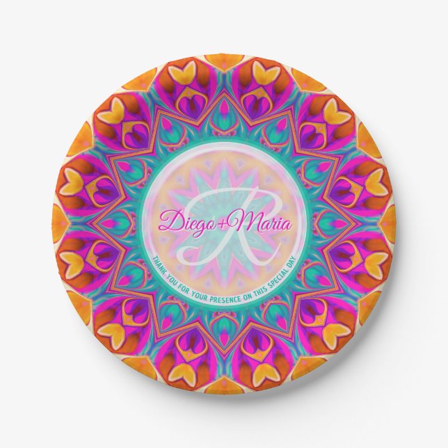 Assiettes En Carton Fuchsia Pink Aqua Orange Party Mandala Monogramme (Devant)