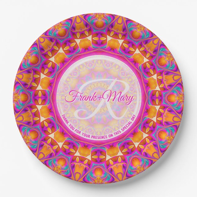 Assiettes En Carton Fuchsia Pink Orange Party Mandala Monogramme (Devant)